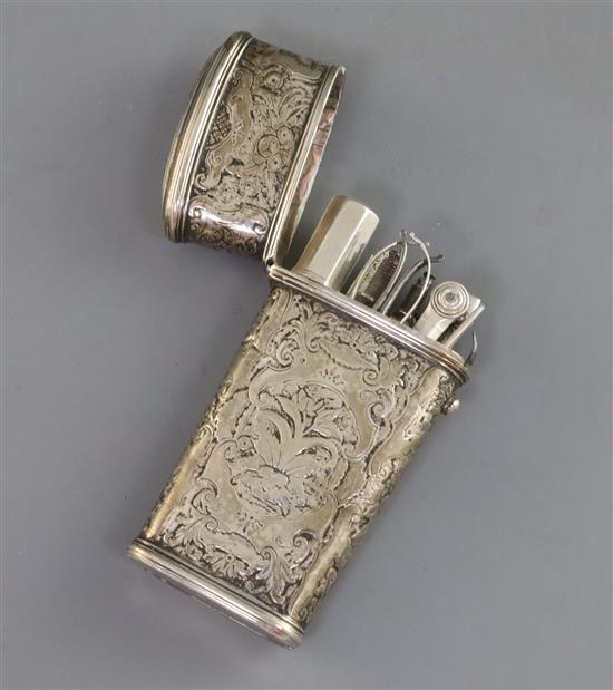 A late 19th/early 20th century continental embossed silver etui case, 92mm.